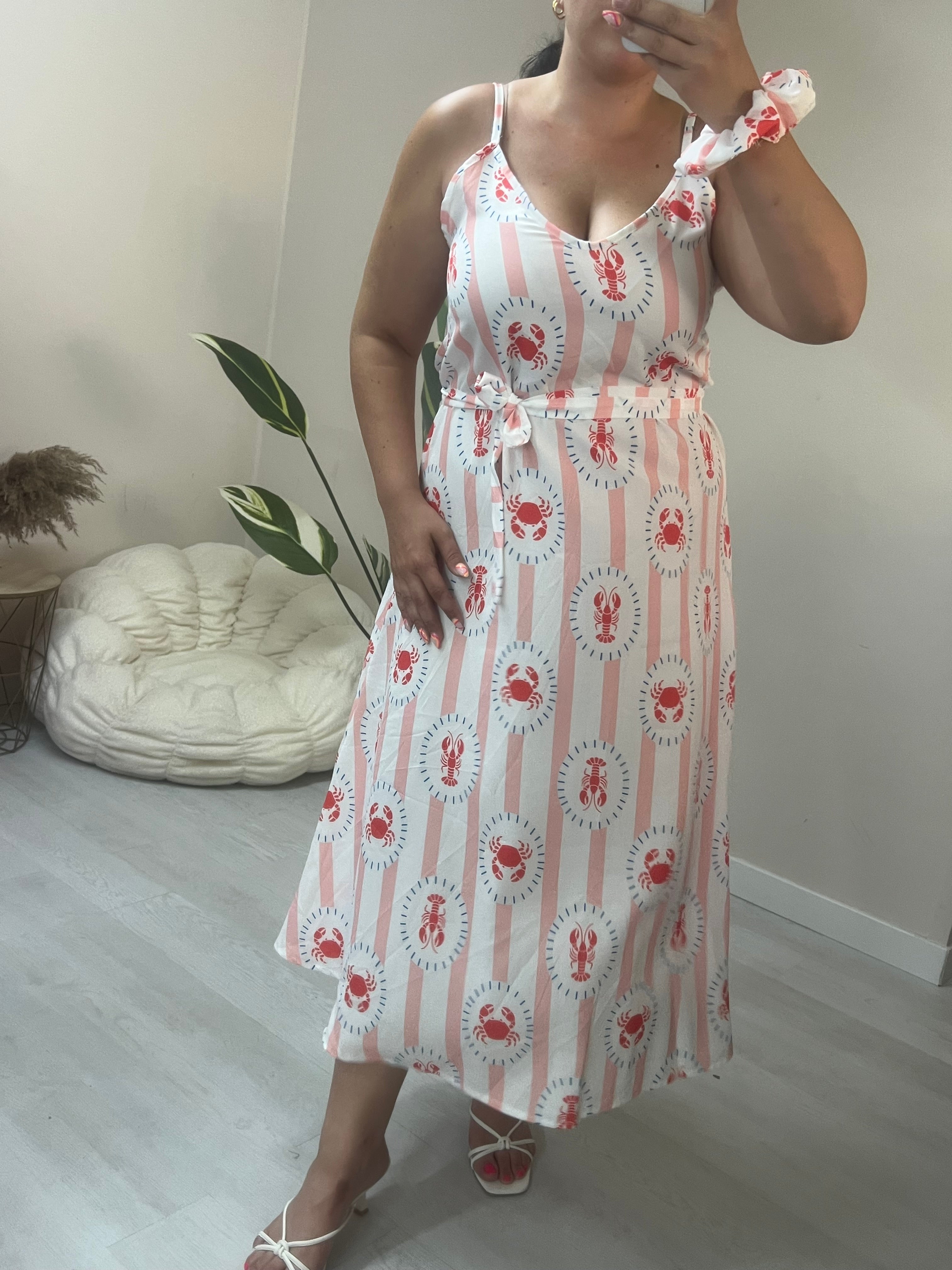 Midi Φόρεμα με print, ζωνάκι μέσης και scrunchy - Λευκό με αστακούς