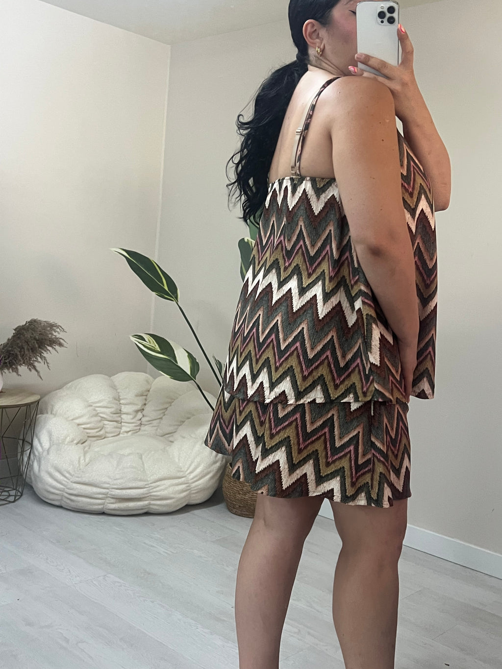 Σετ τιραντέ top & σορτς με λάστιχο - Zig Zag Print (πορτοκαλί, μπλε, καφέ , μπεζ)