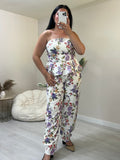 Floral σετ balloon παντελόνι και στράπλες peplum top - Λευκό με μωβ