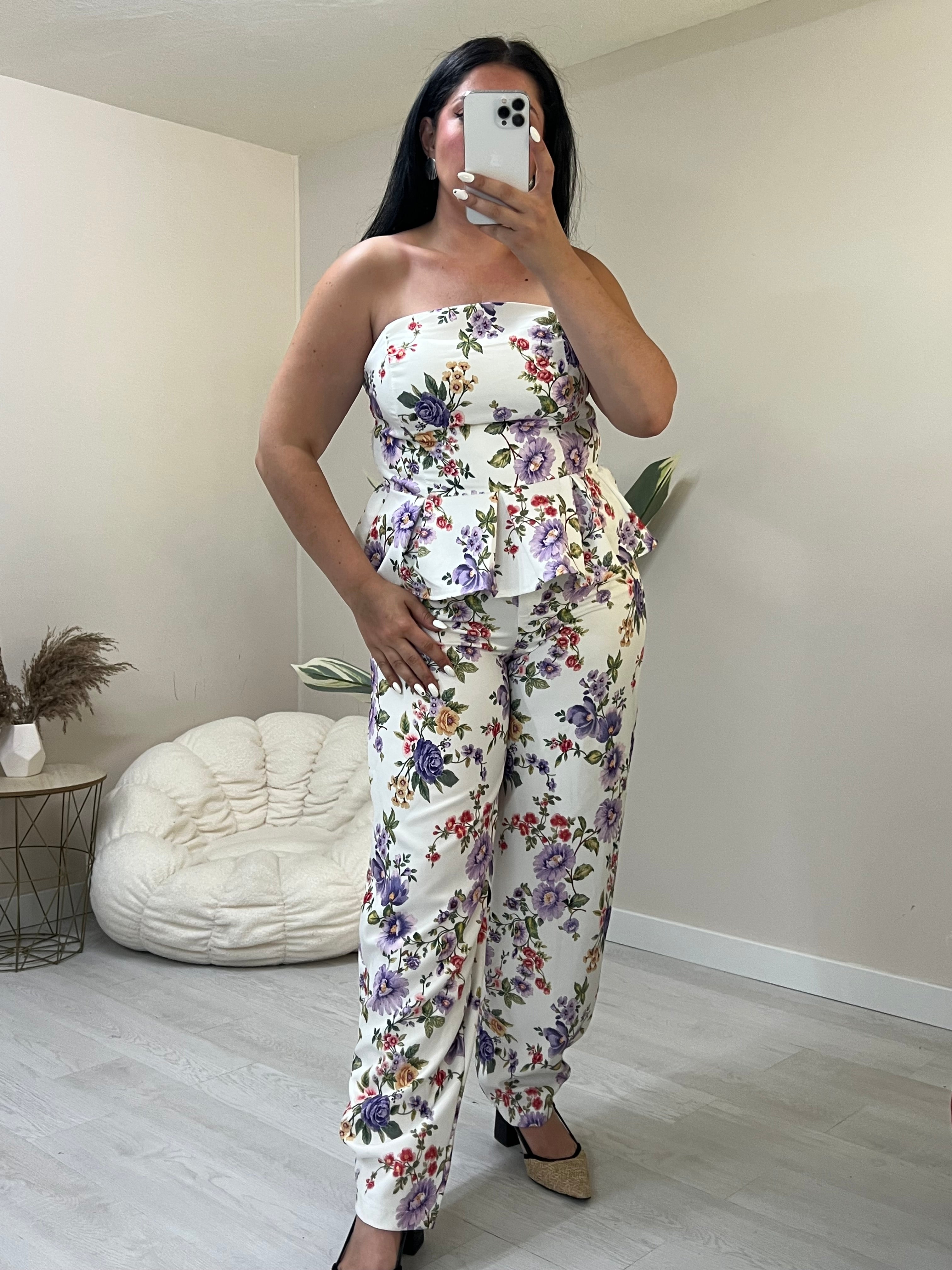 Floral σετ balloon παντελόνι και στράπλες peplum top - Λευκό με μωβ