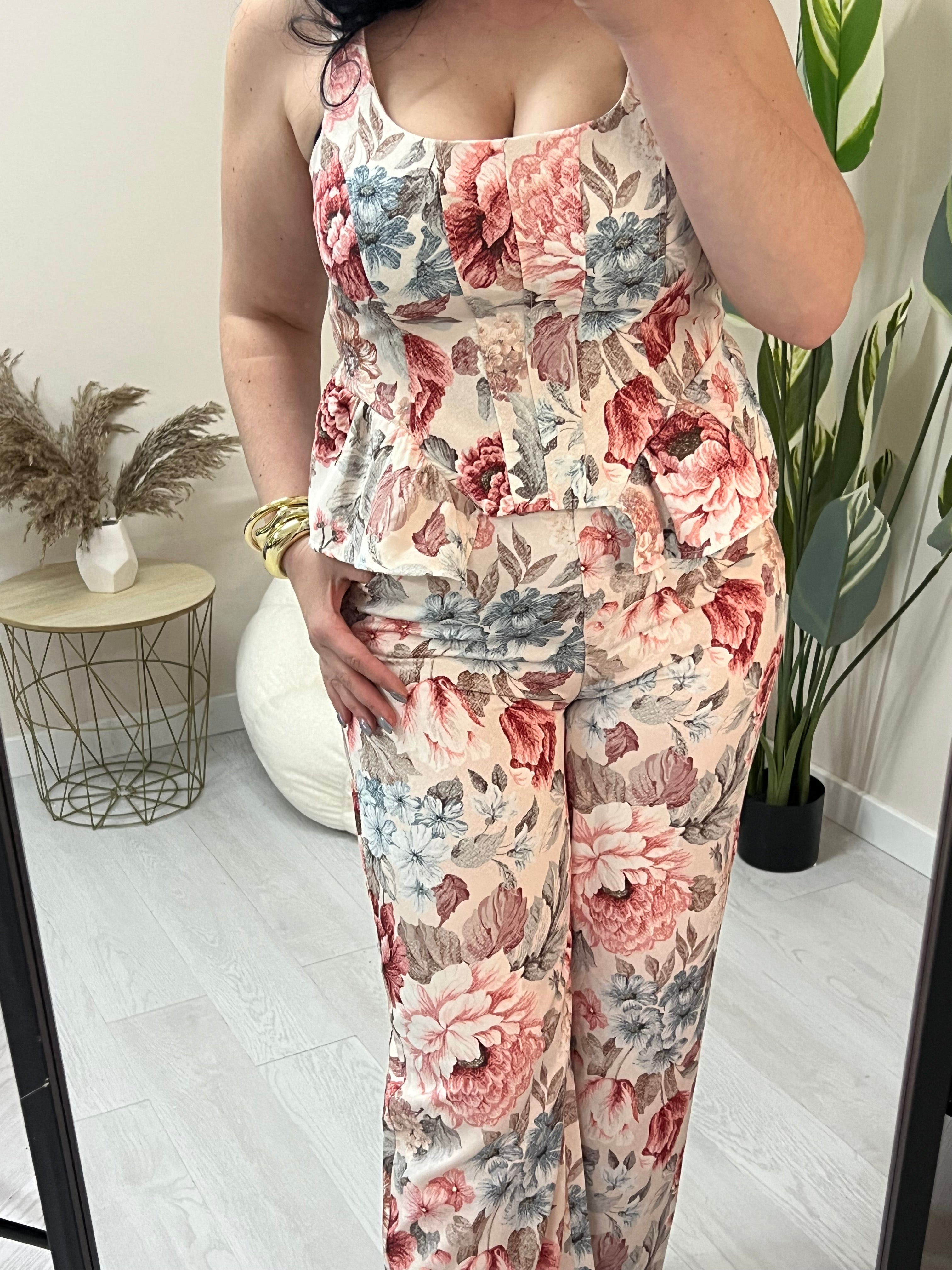 Σετ floral με peplum τοπ & παντελόνα - Μπεζ