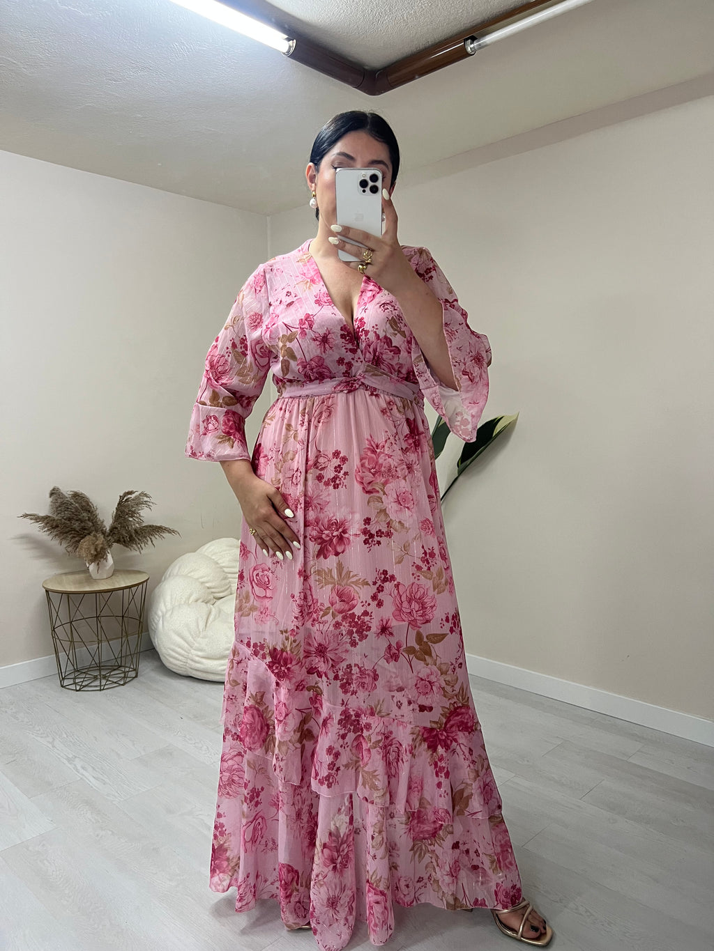 Floral maxi φόρεμα με εφέ χρυσοκλωστής - Ροζ
