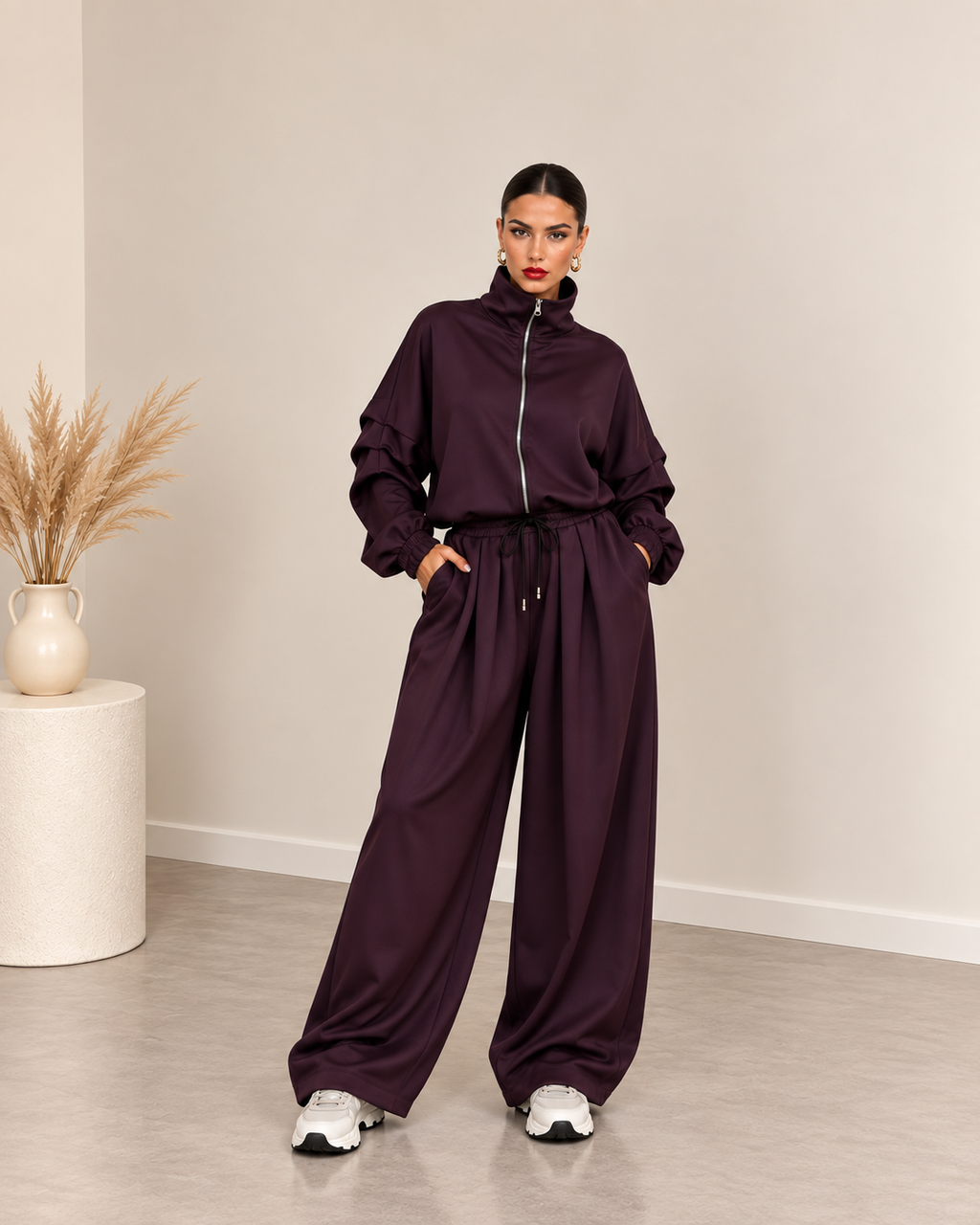 Oversized σετ ζακέτα με φερμουάρ και παντελόνι με τσέπες - Μπορντό