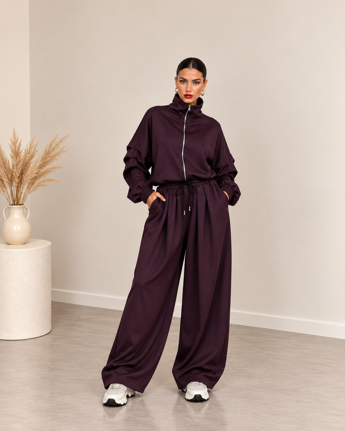 Oversized σετ ζακέτα με φερμουάρ και παντελόνι με τσέπες - Μπορντό
