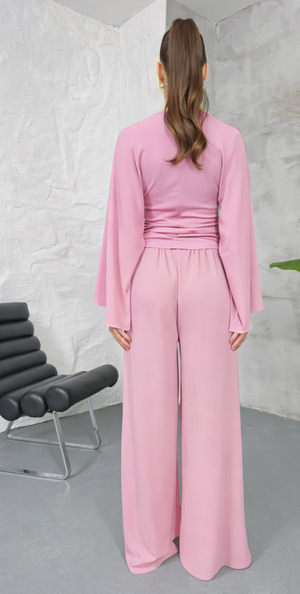 Σετ φόρμας φούτερ crop top και παντελόνι να σε φαρδιά γραμμή - Ροζ