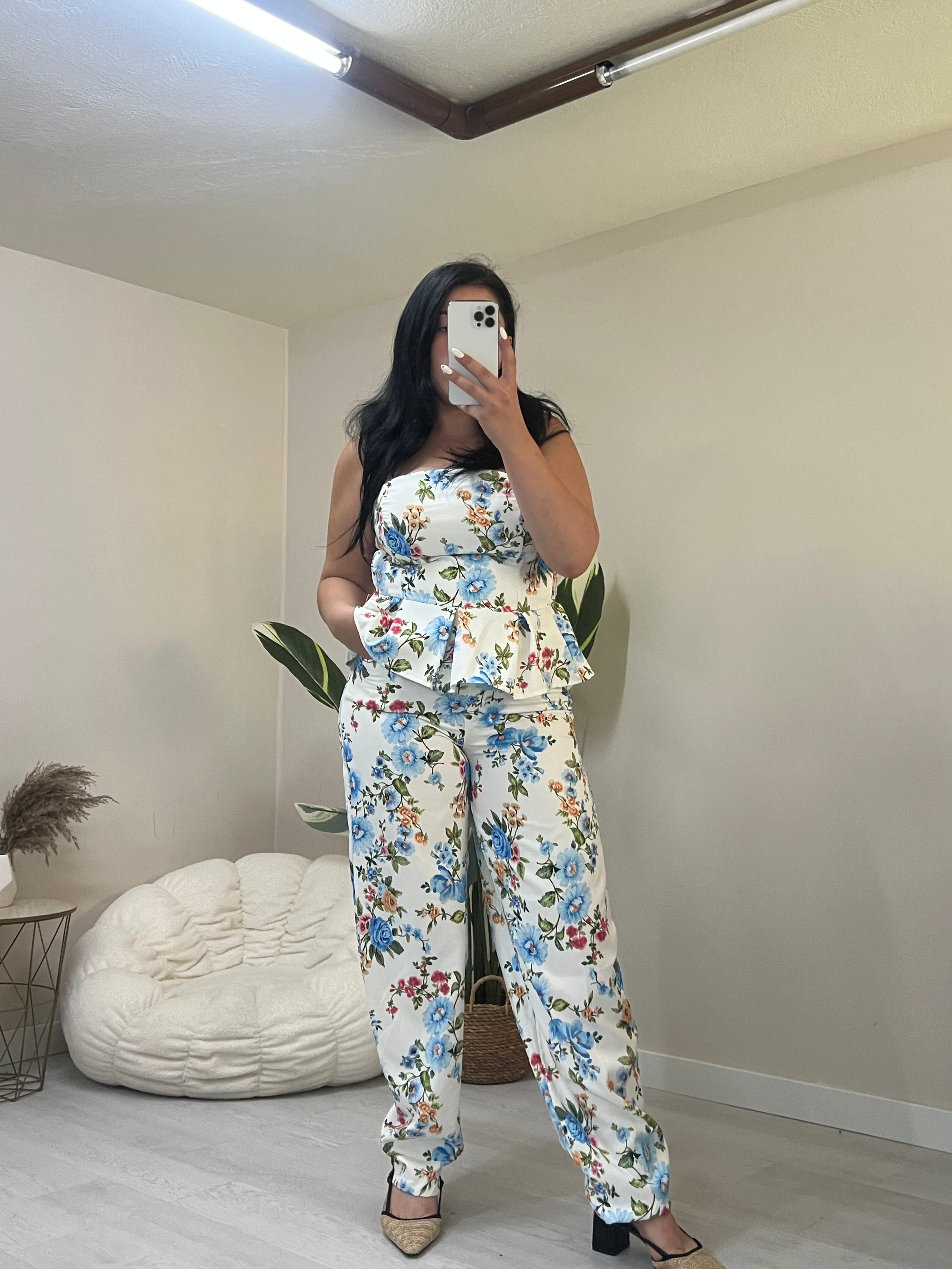 Floral σετ balloon παντελόνι και στράπλες peplum top - Λευκό με γαλάζιο