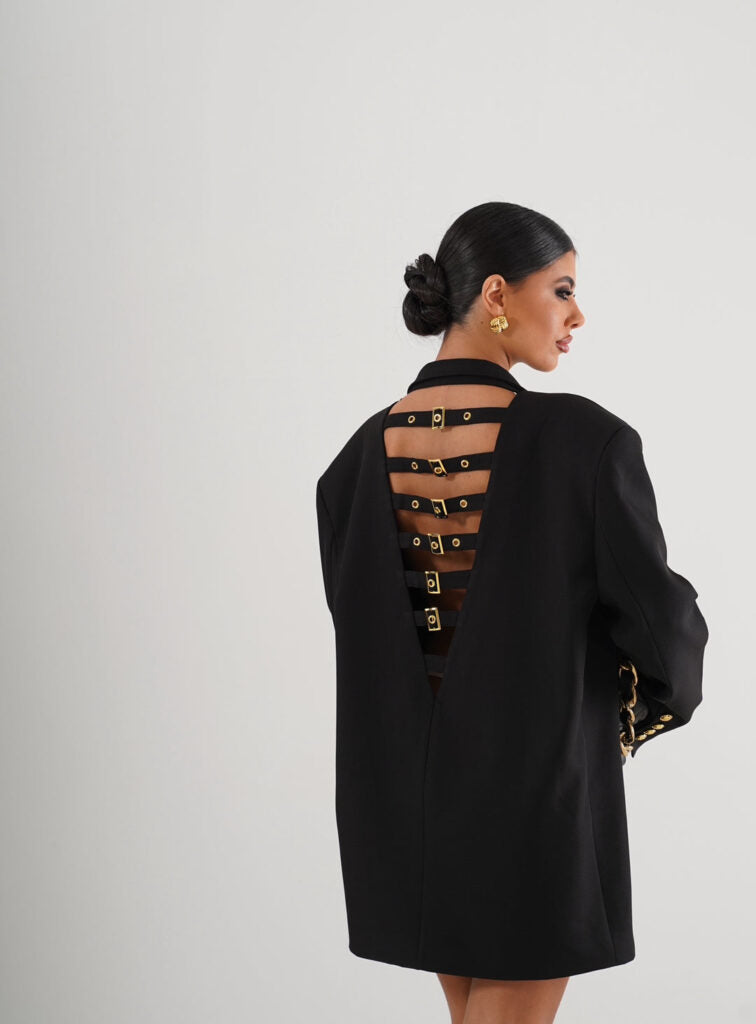 Oversized jacket with decorative straps with gold buckles - Black
