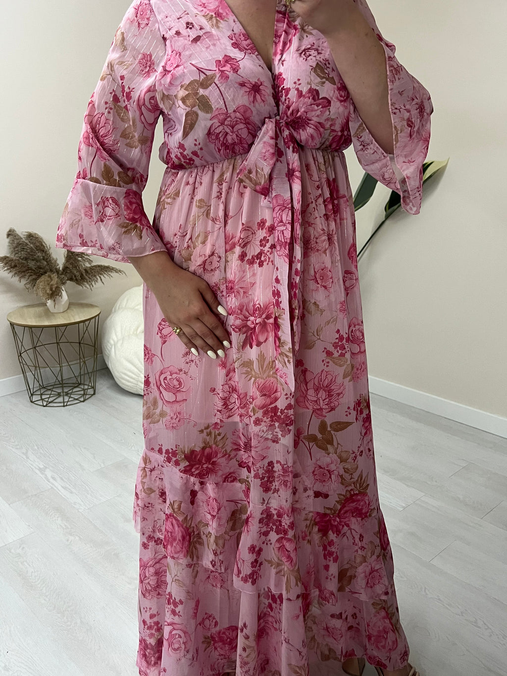 Floral maxi φόρεμα με εφέ χρυσοκλωστής - Ροζ