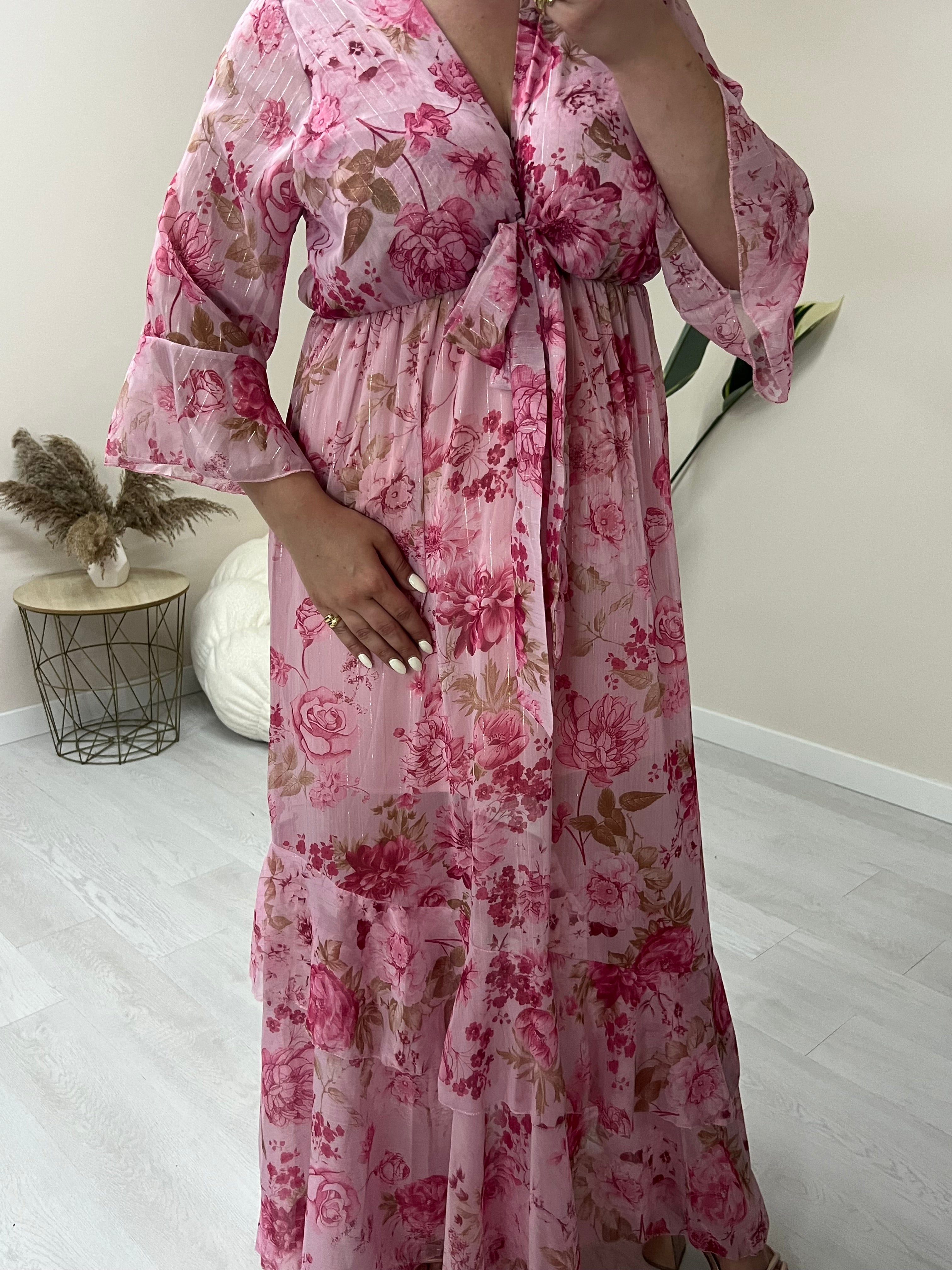 Floral maxi φόρεμα με εφέ χρυσοκλωστής - Ροζ