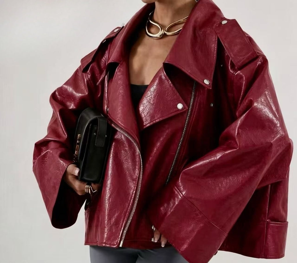 Oversized δερματίνη jacket με ασύμμετρο κλείσιμο - Wine Red