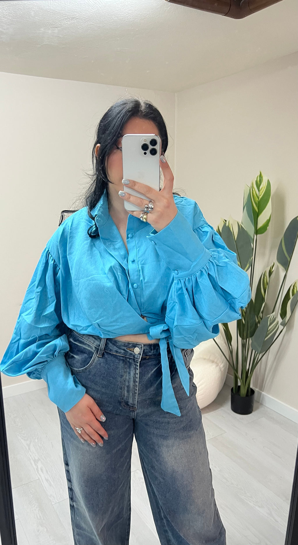 Crop λινό πουκάμισο με δέσιμο στο πλάι - Γαλάζιο