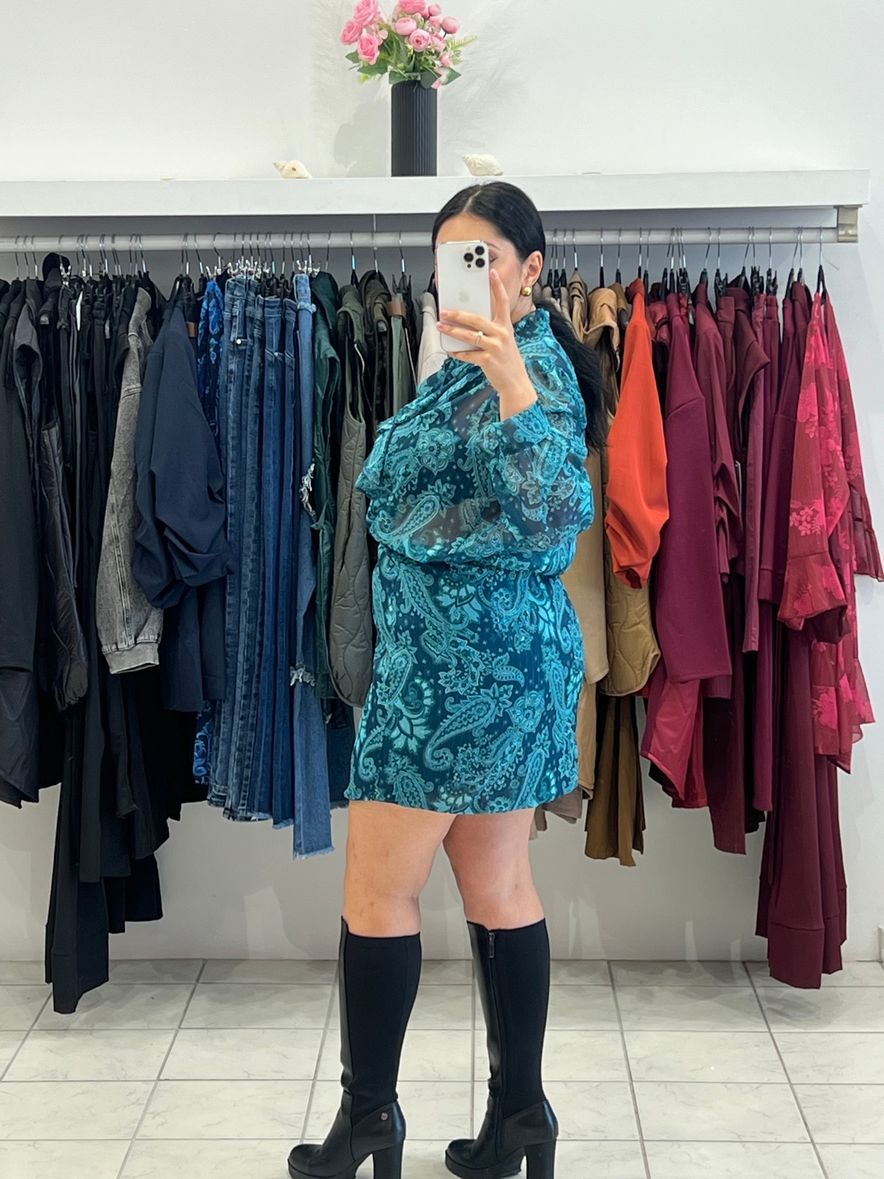 Σετ ημιδιάφανο πουκάμισο με βολάν & φούστα φάκελος - Πετρόλ