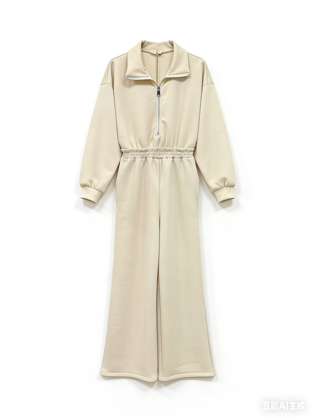 Ολόσωμη φόρμα φούτερ με φερμουάρ και πλαϊνές τσέπες - Μπεζ