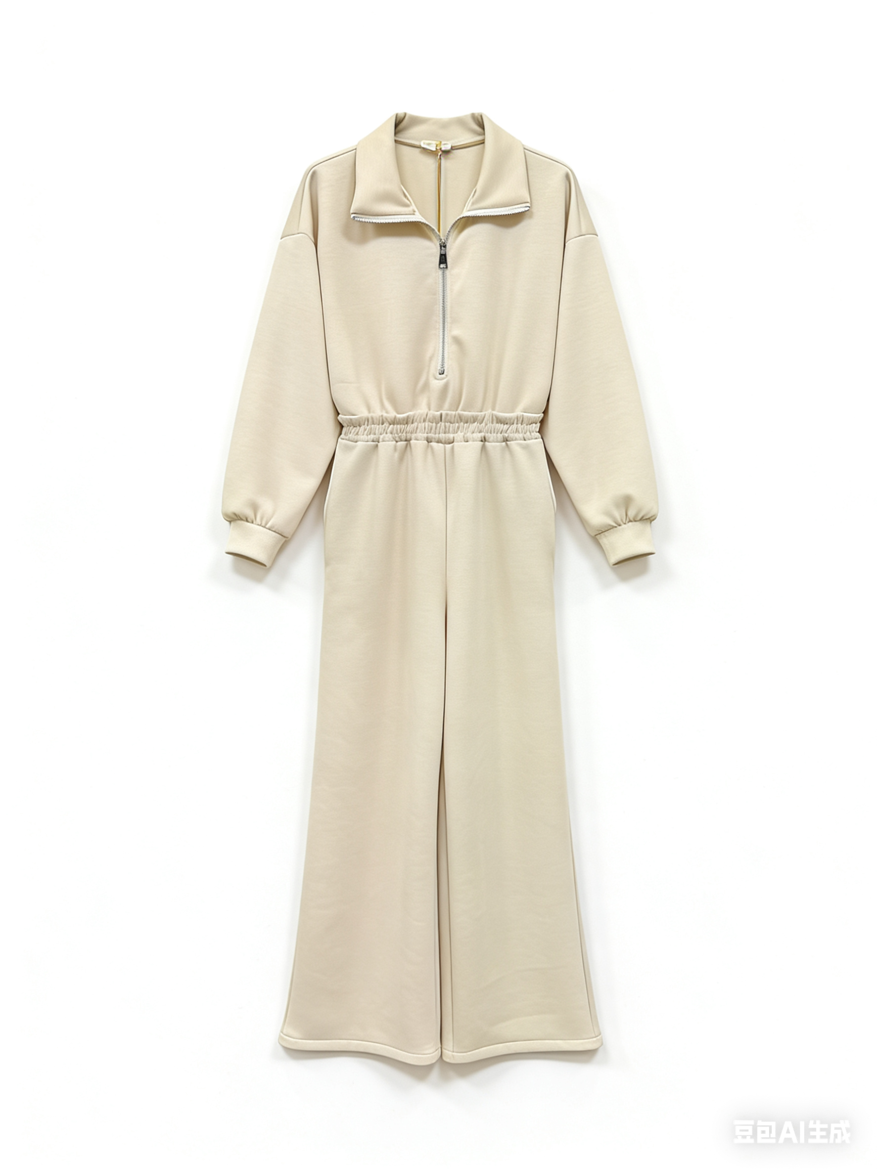 Ολόσωμη φόρμα φούτερ με φερμουάρ και πλαϊνές τσέπες - Μπεζ