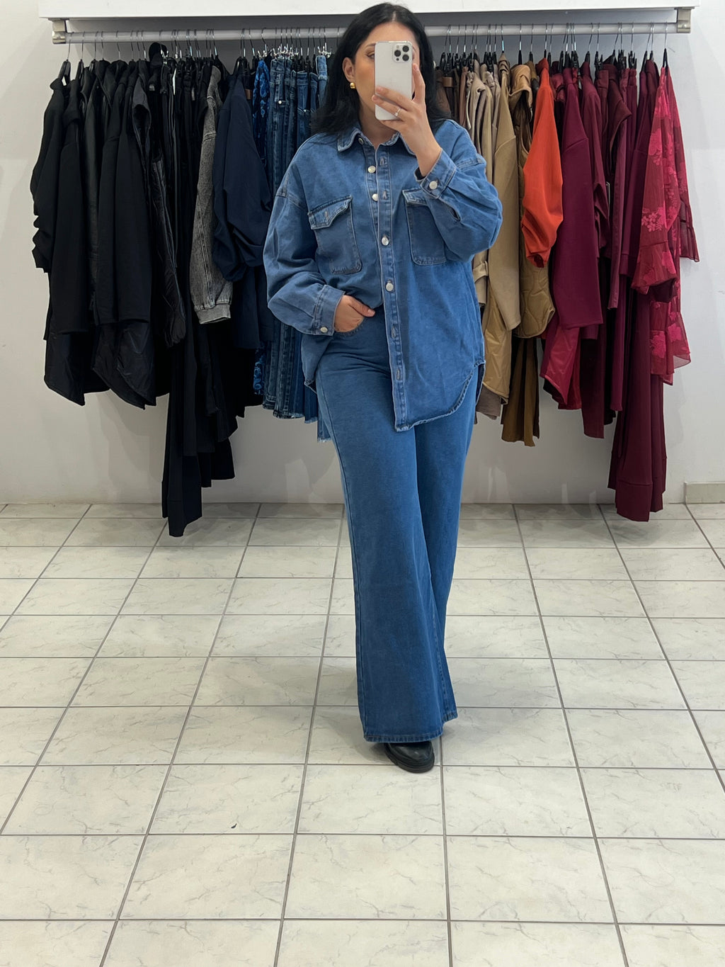 Denim set oversized jacket & παντελόνι σε φαρδύα ίσια γραμμή