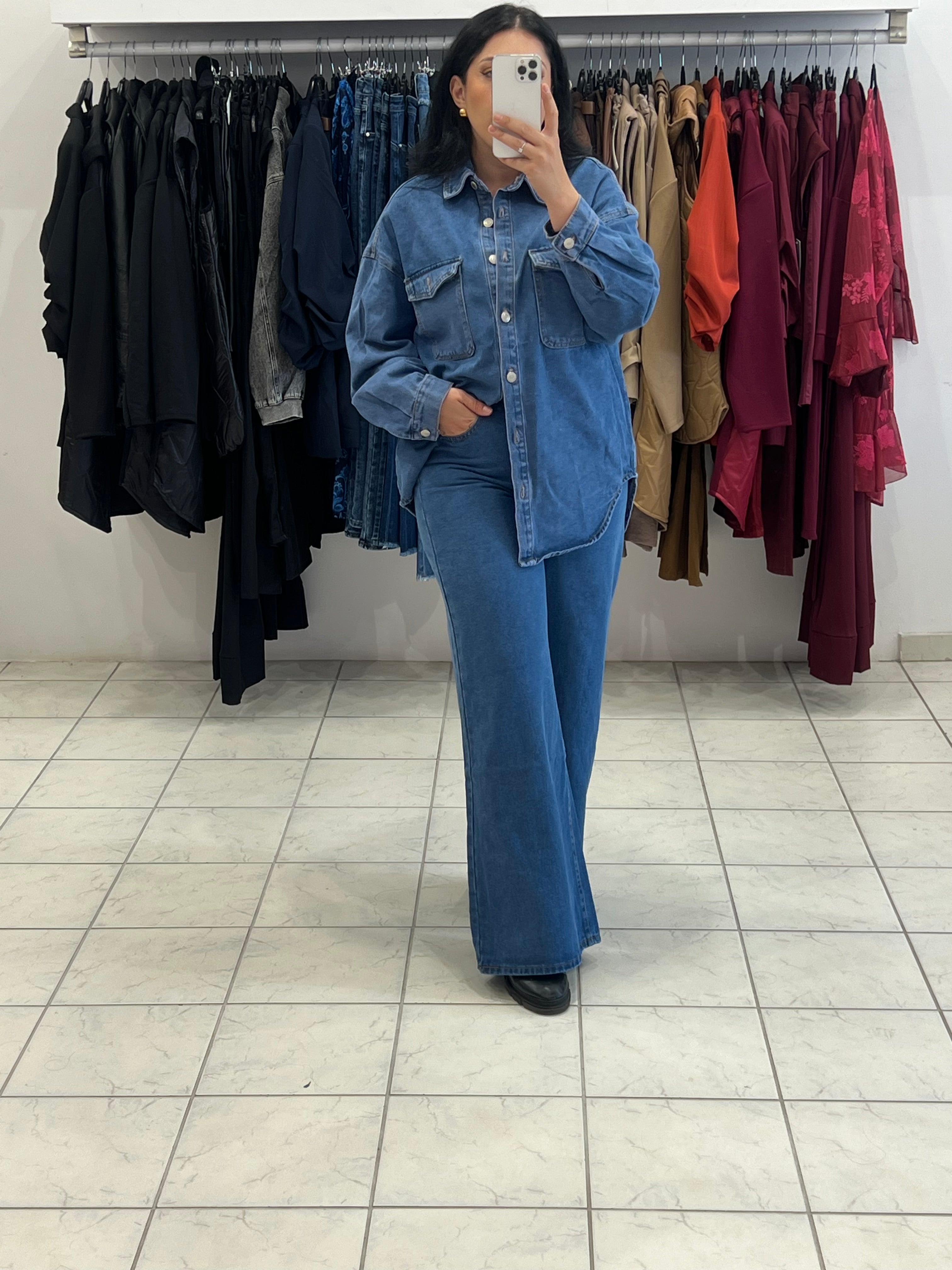 Denim set oversized jacket & παντελόνι σε φαρδύα ίσια γραμμή