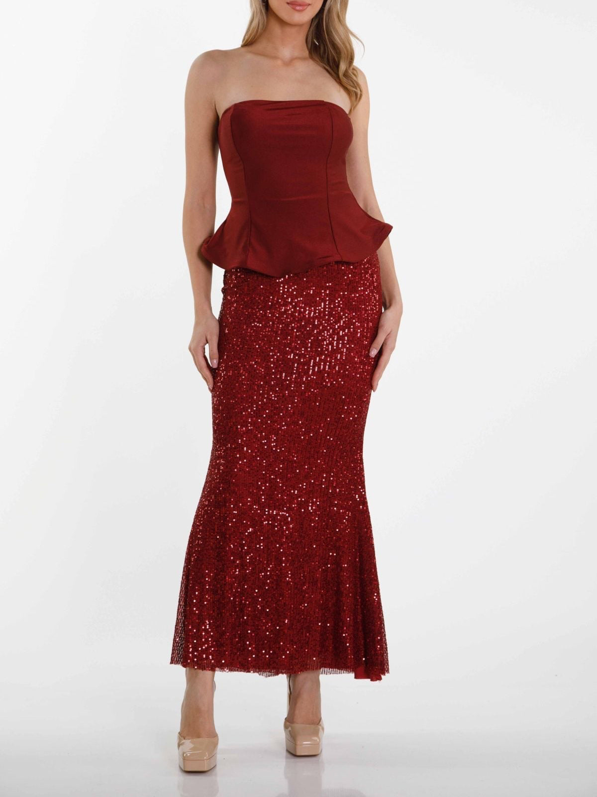 Στράπλες μάξι φόρεμα με παγιέτες στην φούστα - Κόκκινο