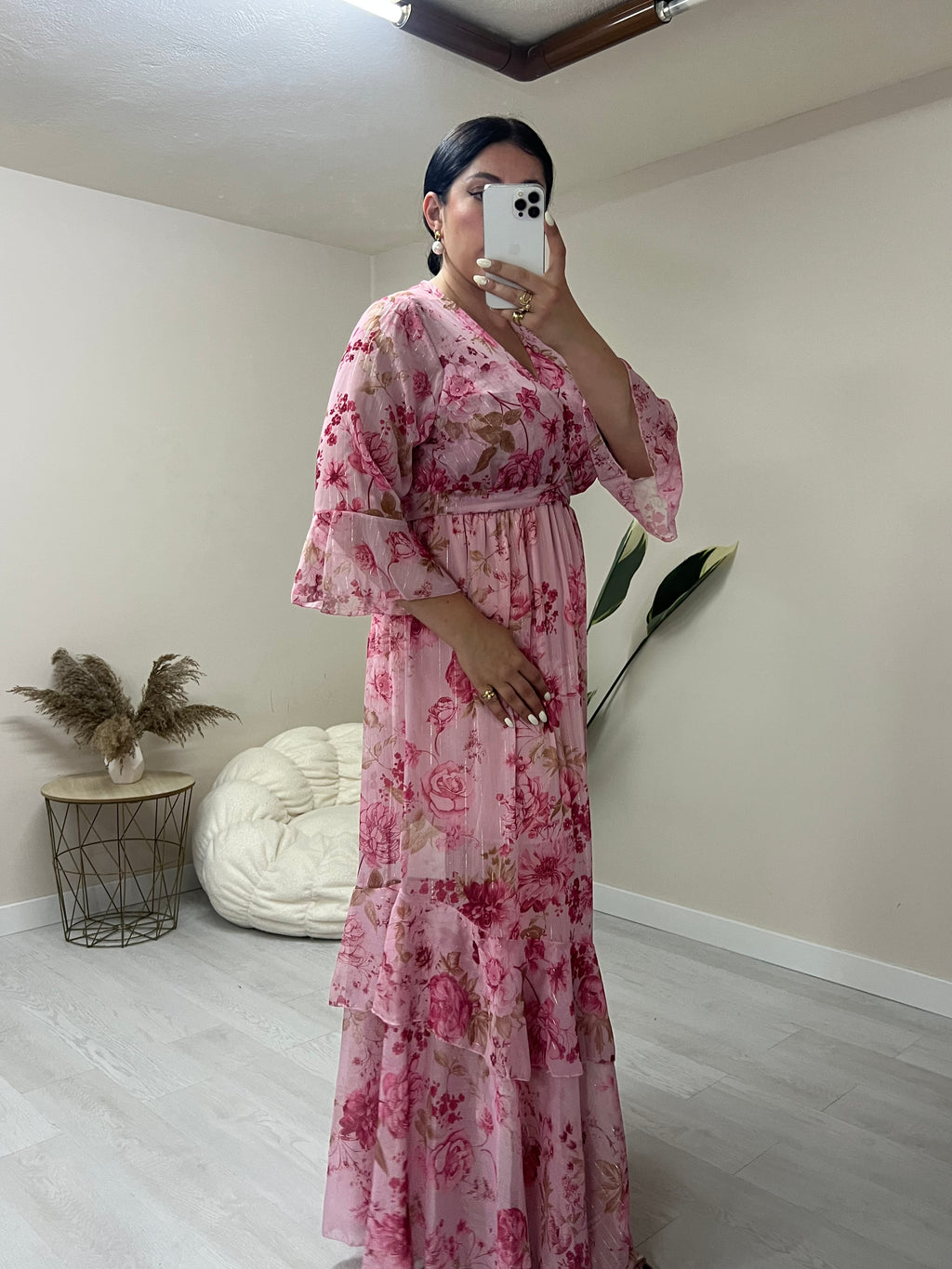 Floral maxi φόρεμα με εφέ χρυσοκλωστής - Ροζ