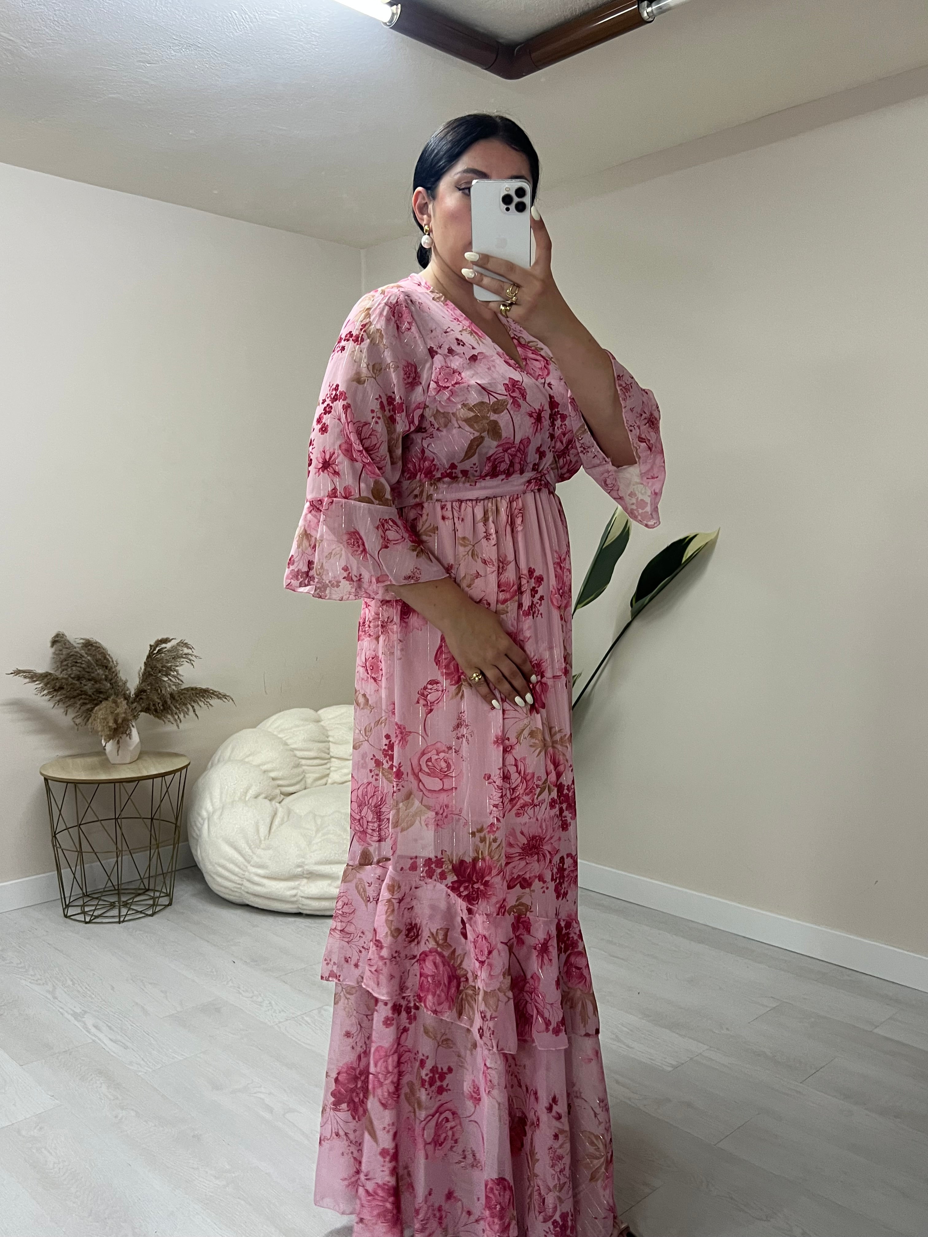 Floral maxi φόρεμα με εφέ χρυσοκλωστής - Ροζ