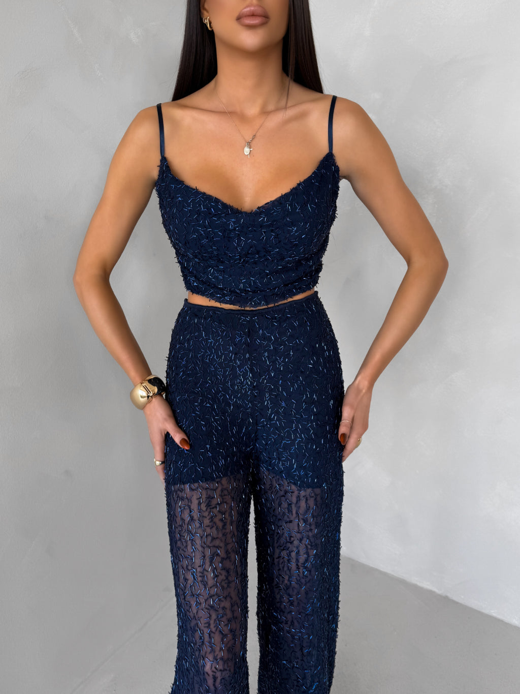 Σετ crop top και ψηλό μέσο παντελόνι με ενσωματωμένο σορτς - Μπλε