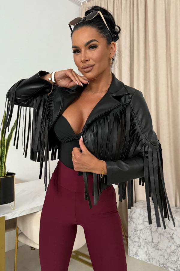 Δερματίνη τζάκετ με κρόσια - Μαύρο