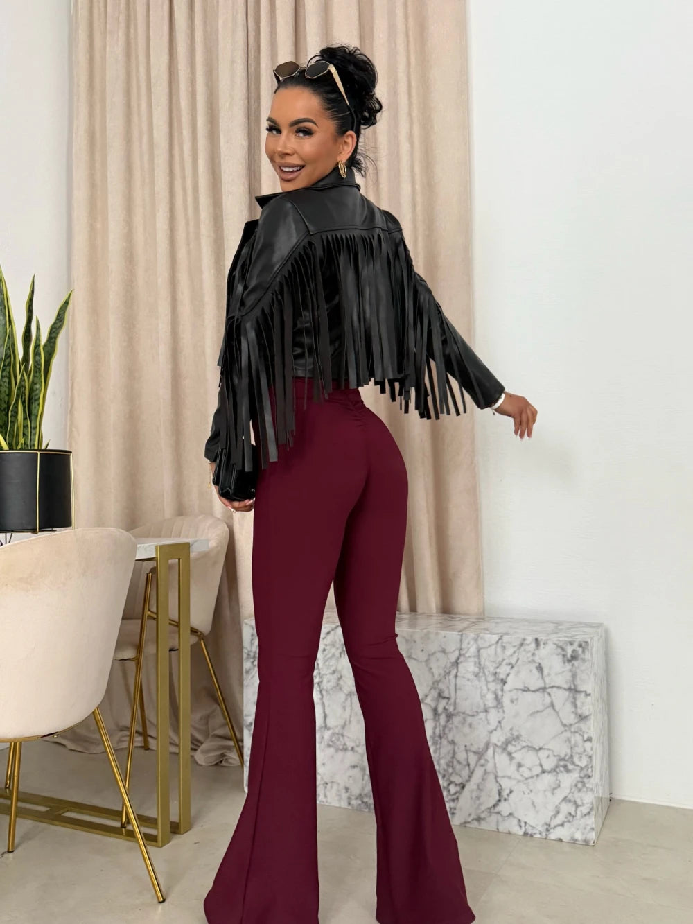 Δερματίνη τζάκετ με κρόσια - Μαύρο