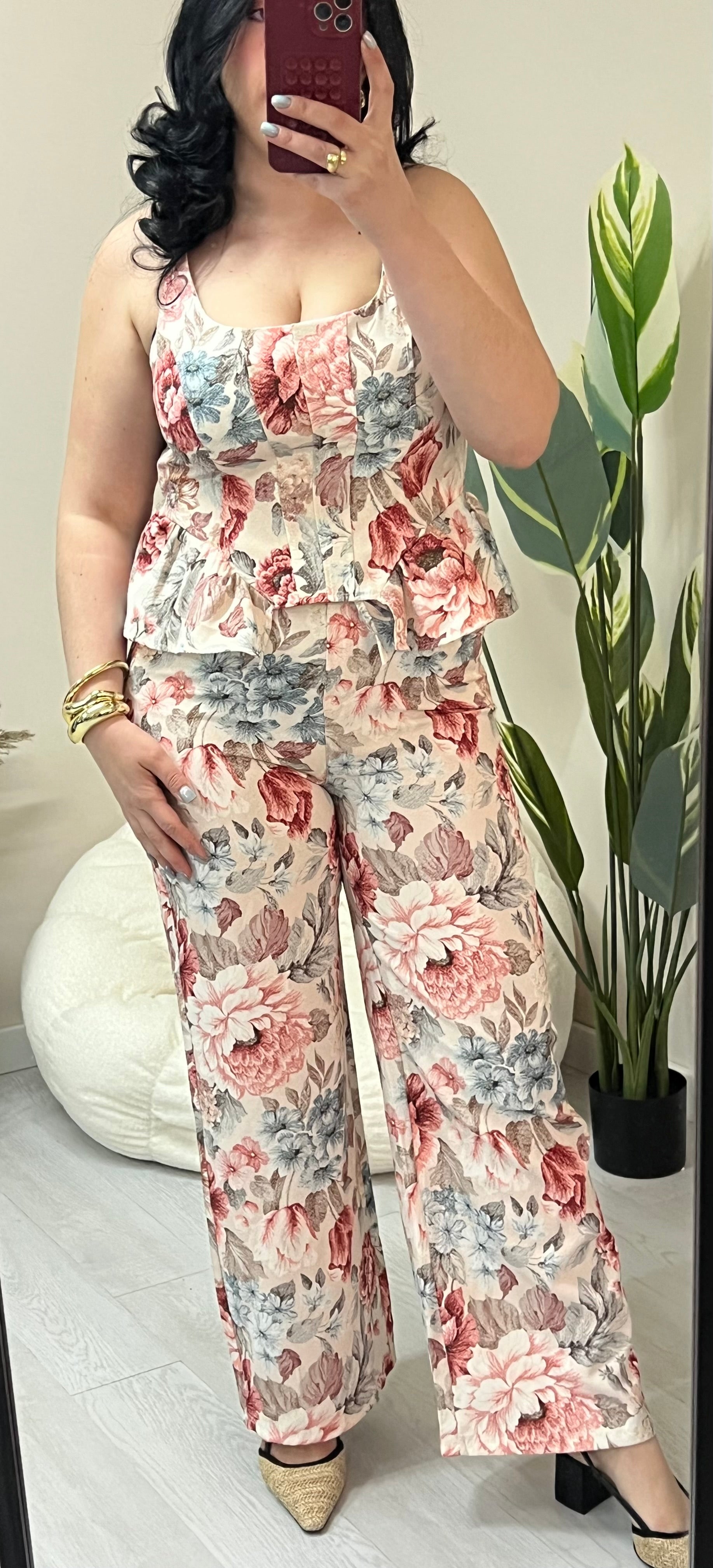 Σετ floral με peplum τοπ & παντελόνα - Μπεζ