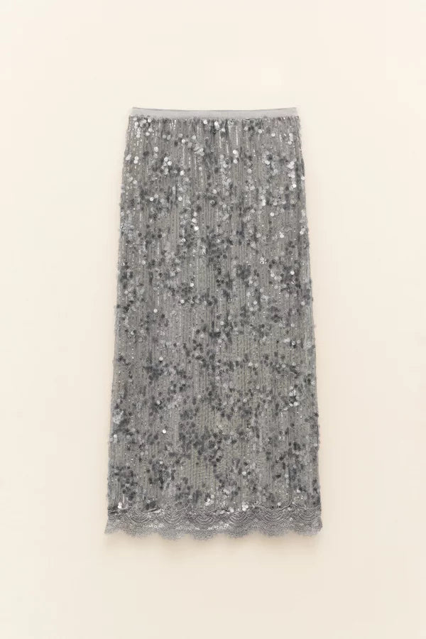 Φούστα κεντητή με παγιέτα LUMINA - Ασημί