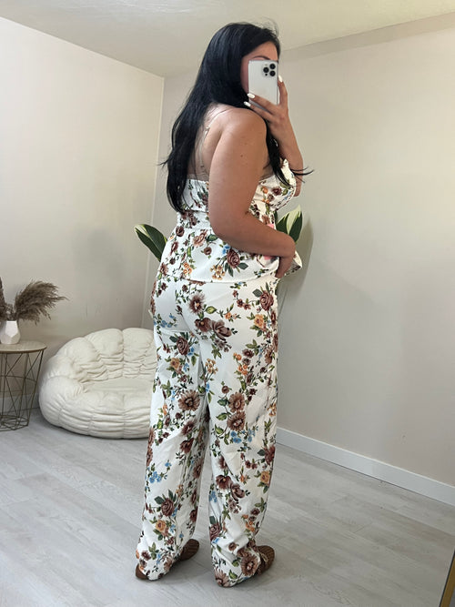 Floral σετ balloon παντελόνι και στράπλες peplum top - Λευκό με καφέ