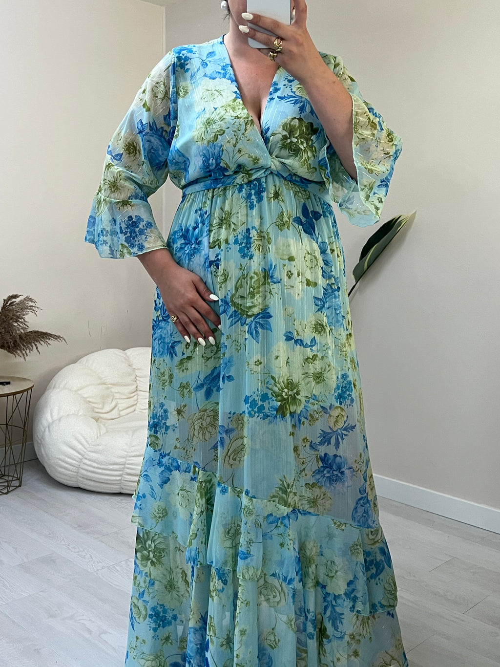 Floral maxi φόρεμα με εφέ χρυσοκλωστής - Γαλάζιο