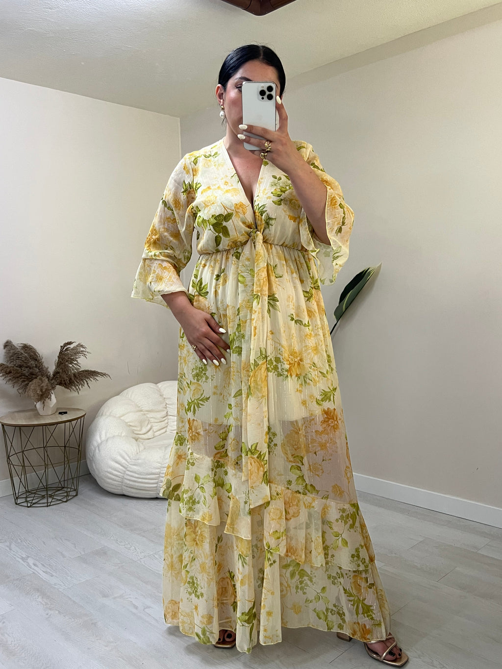 Floral maxi φόρεμα με εφέ χρυσοκλωστής - Κίτρινο