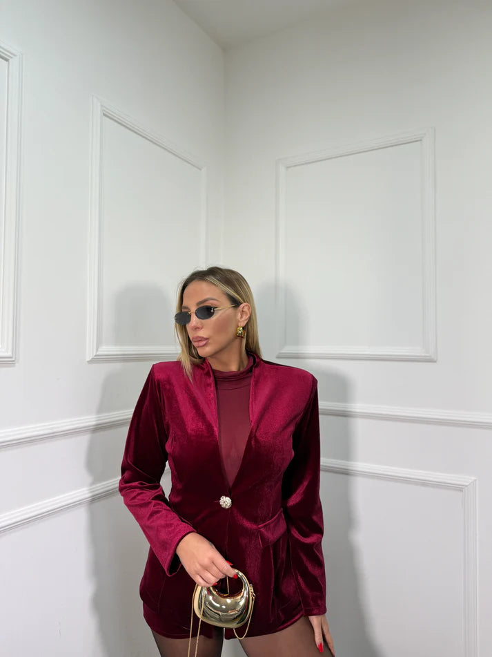 Velvet κοστούμι μεσάτο σακάκι & σορτς - Μπορντό