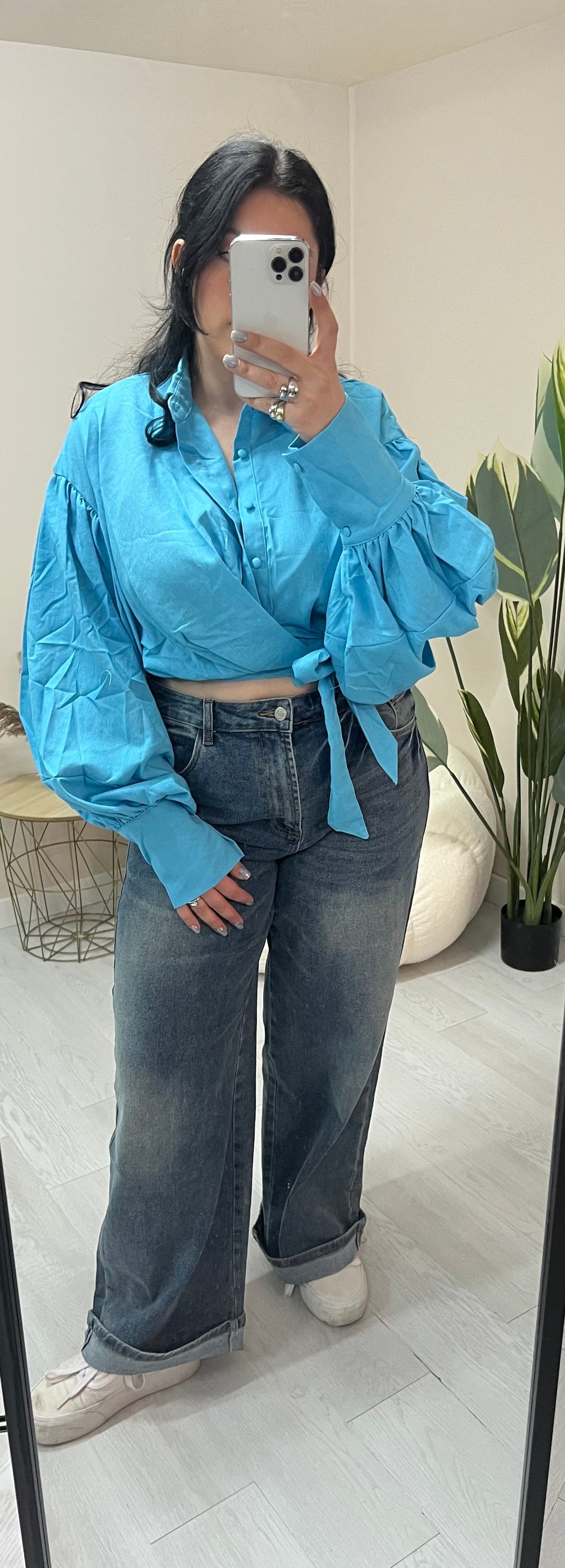 Crop λινό πουκάμισο με δέσιμο στο πλάι - Γαλάζιο