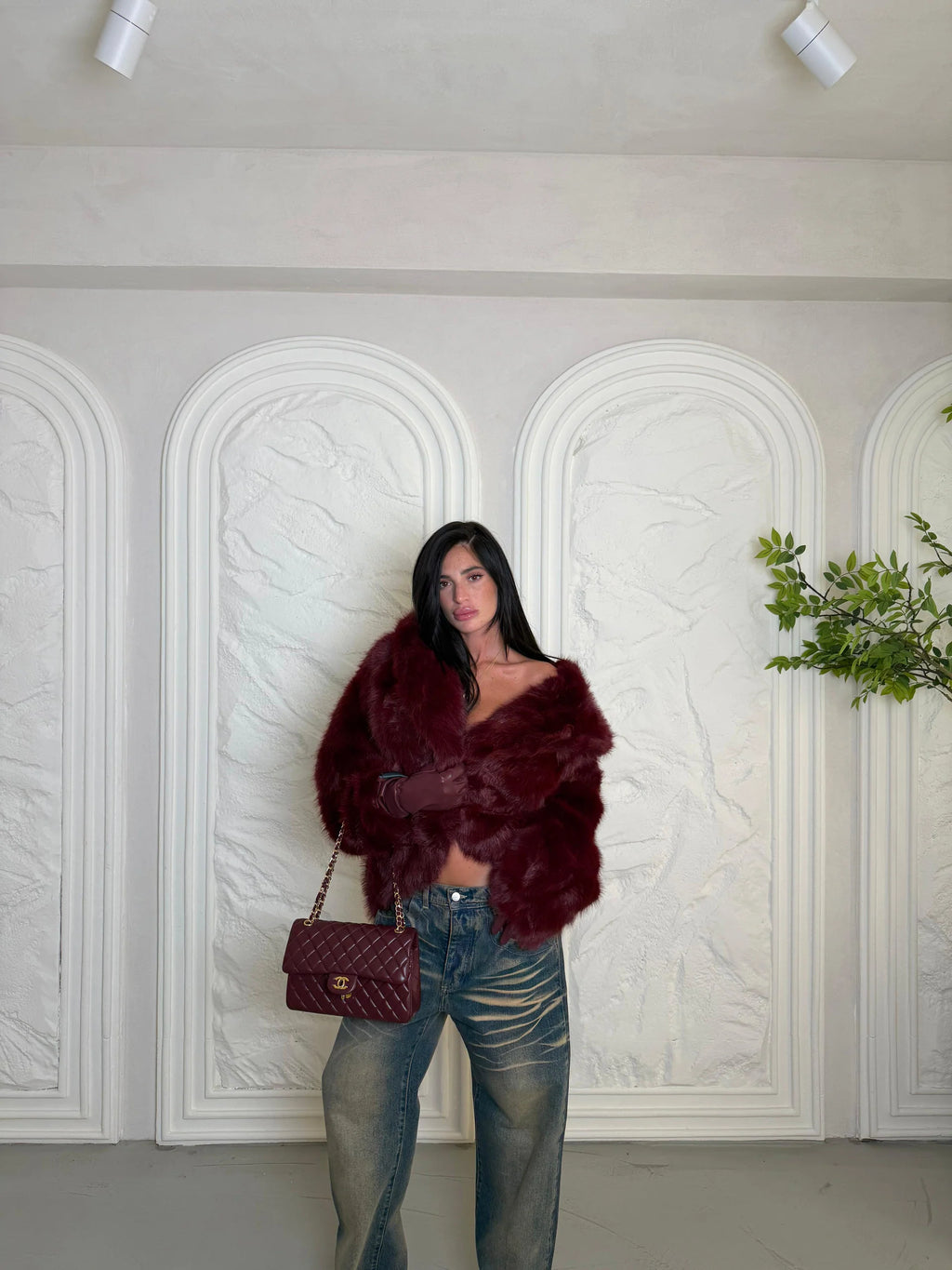 Oversized γούνα με κουκούλα - Βυσσινί