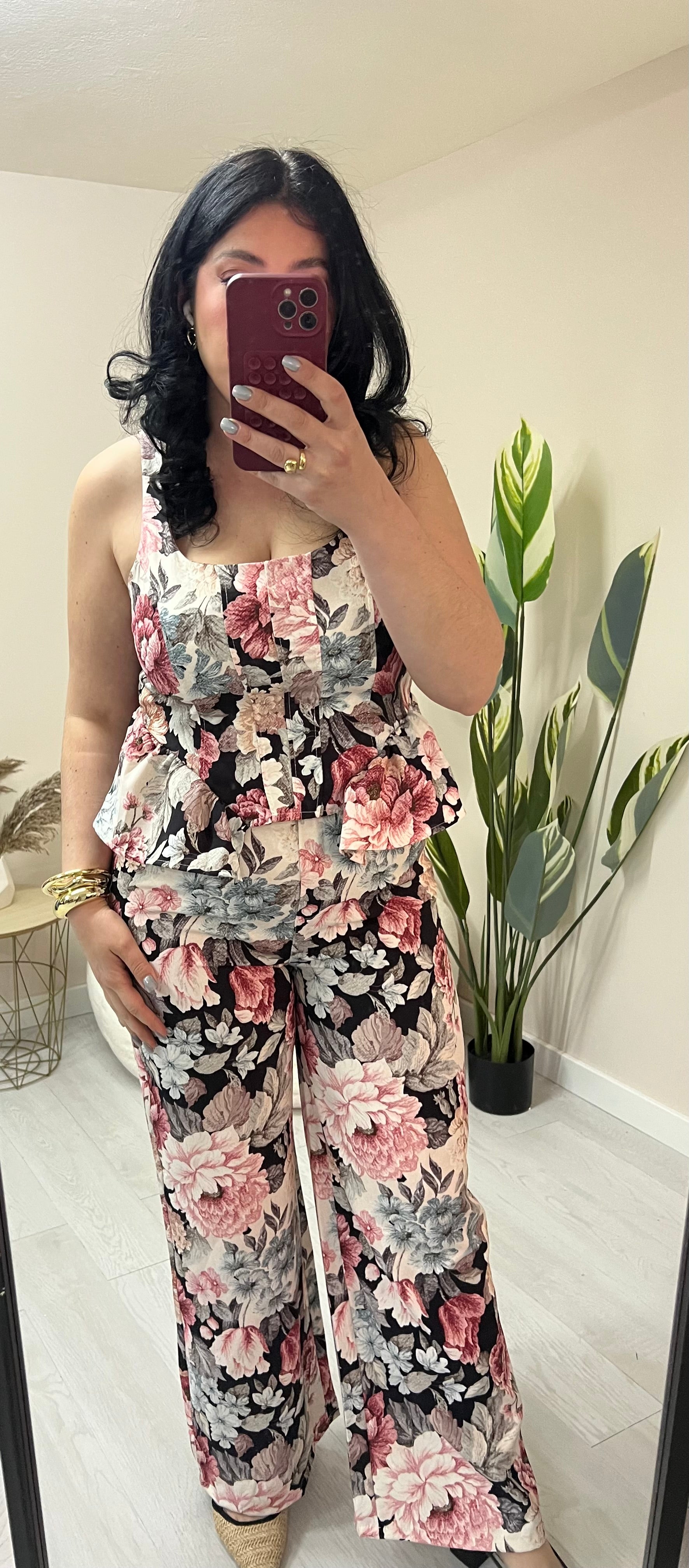 Σετ floral με peplum τοπ & παντελόνα - Μαύρο