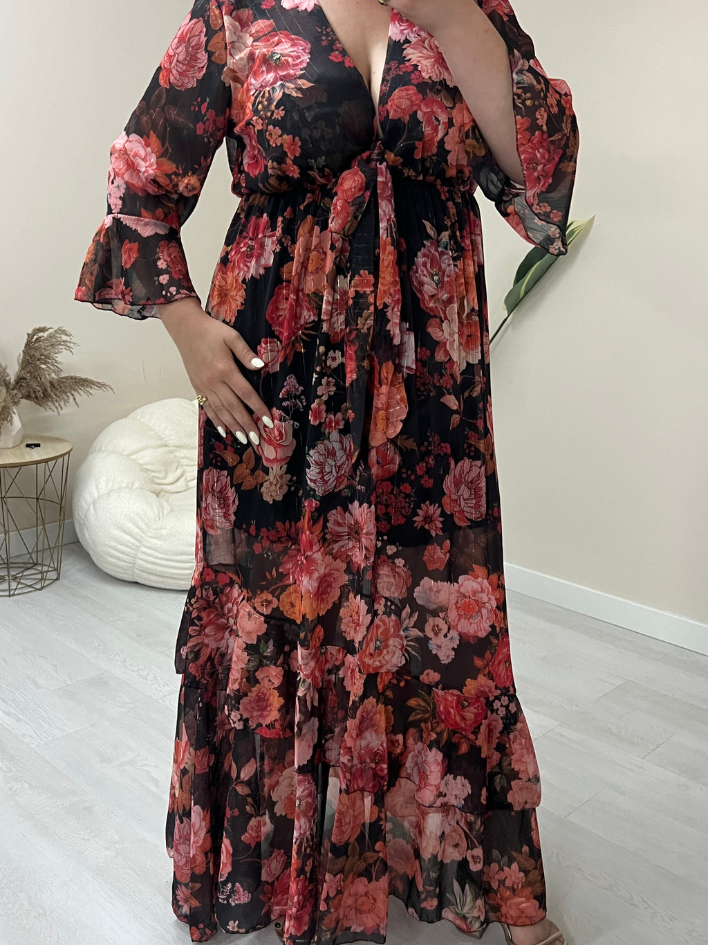 Floral maxi φόρεμα με εφέ χρυσοκλωστής - Μαύρο
