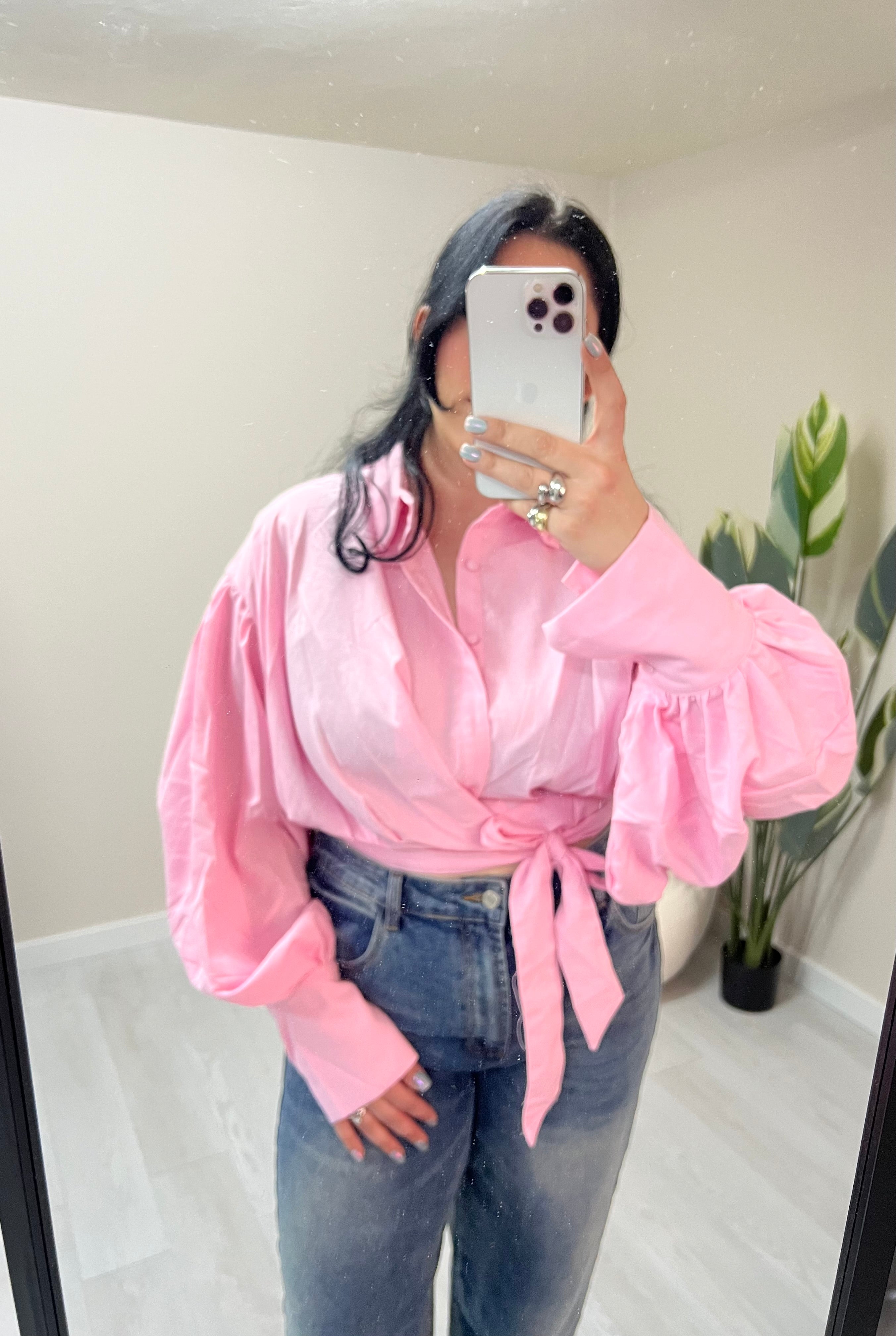 Crop λινό πουκάμισο με δέσιμο στο πλάι - Ροζ