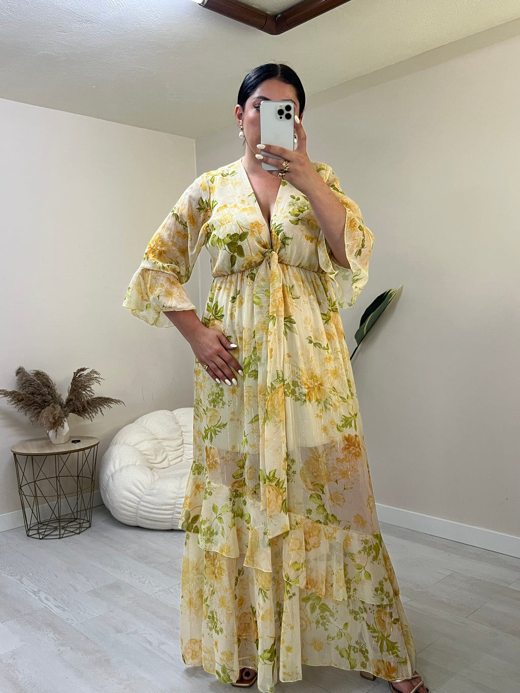 Floral maxi φόρεμα με εφέ χρυσοκλωστής - Κίτρινο