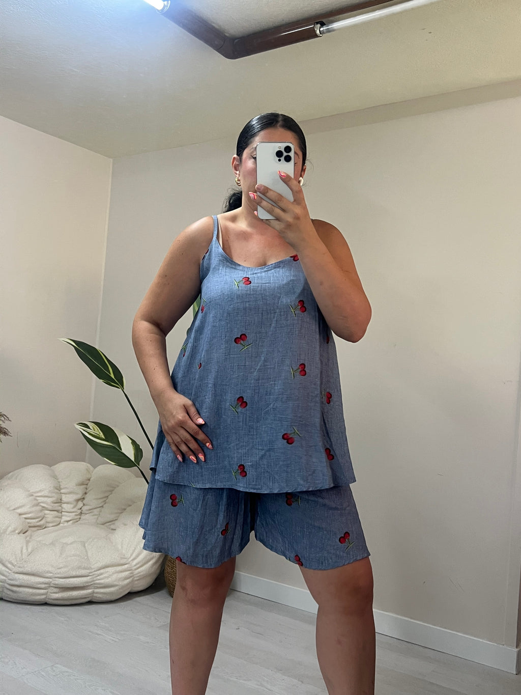 Σετ τιραντέ top & σορτς με λάστιχο - Μπλε ραφ με κεράσια