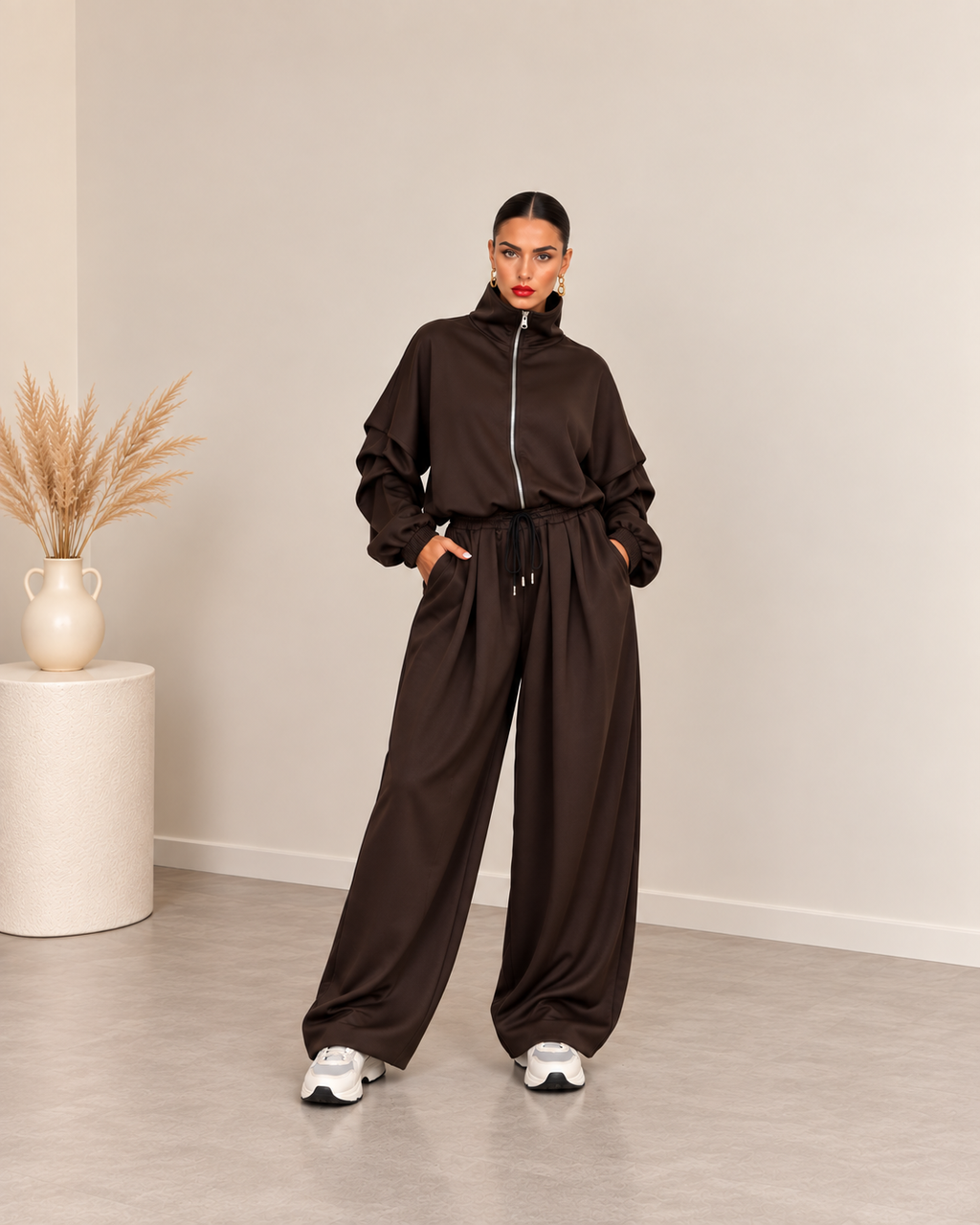 Oversized σετ ζακέτα με φερμουάρ και παντελόνι με τσέπες - Σοκολατί