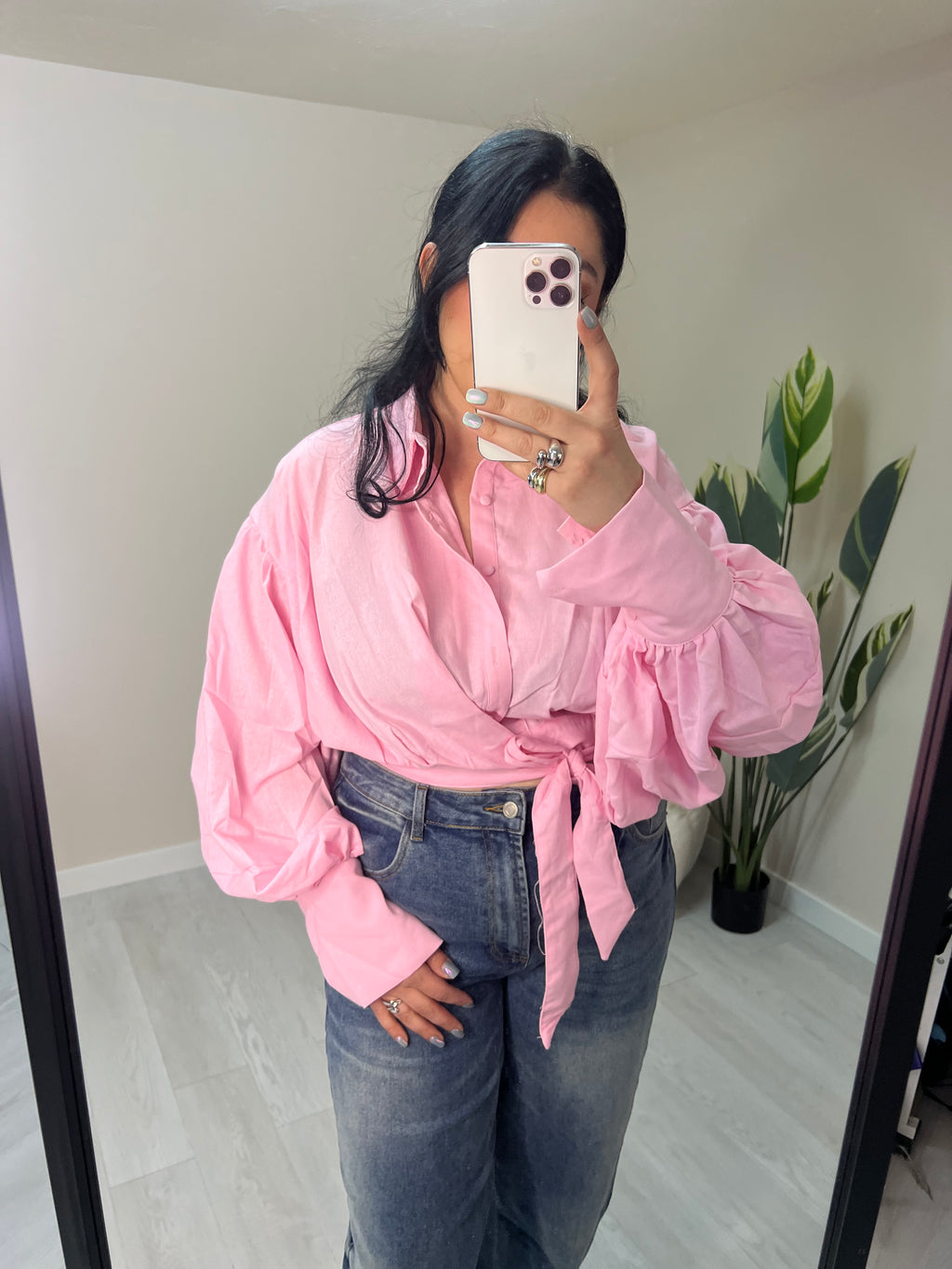 Crop λινό πουκάμισο με δέσιμο στο πλάι - Ροζ