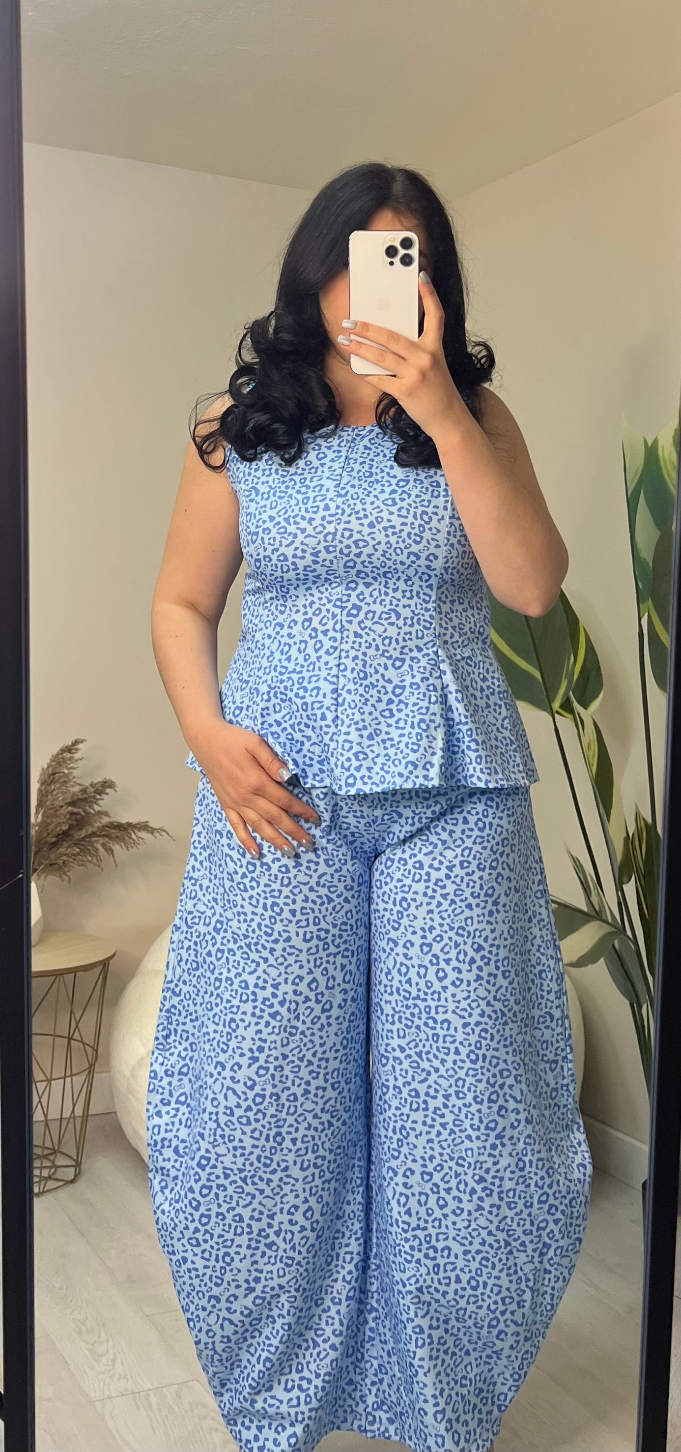 Σετ animal print μπλούζα με βολάν και balloon παντελόνι - Γαλάζιο
