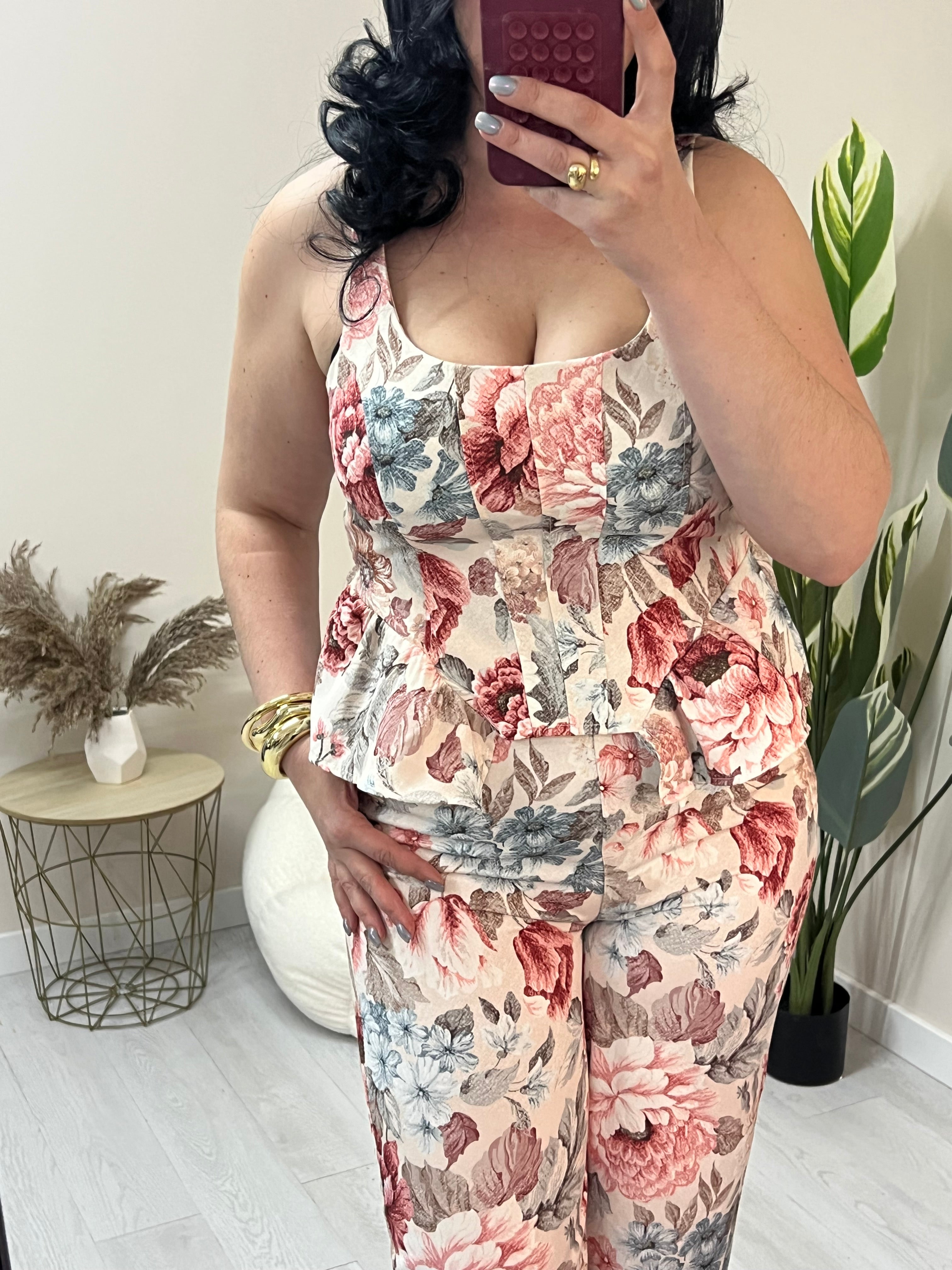 Σετ floral με peplum τοπ & παντελόνα - Μπεζ