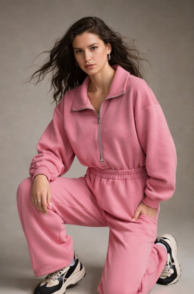 Ολόσωμη φόρμα φούτερ με φερμουάρ και πλαϊνές τσέπες – Ροζ