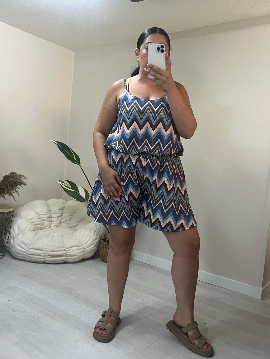 Σετ τιραντέ top & σορτς με λάστιχο - Zig Zag Print (γαλάζιο, πετρόλ, καφέ, μπεζ)
