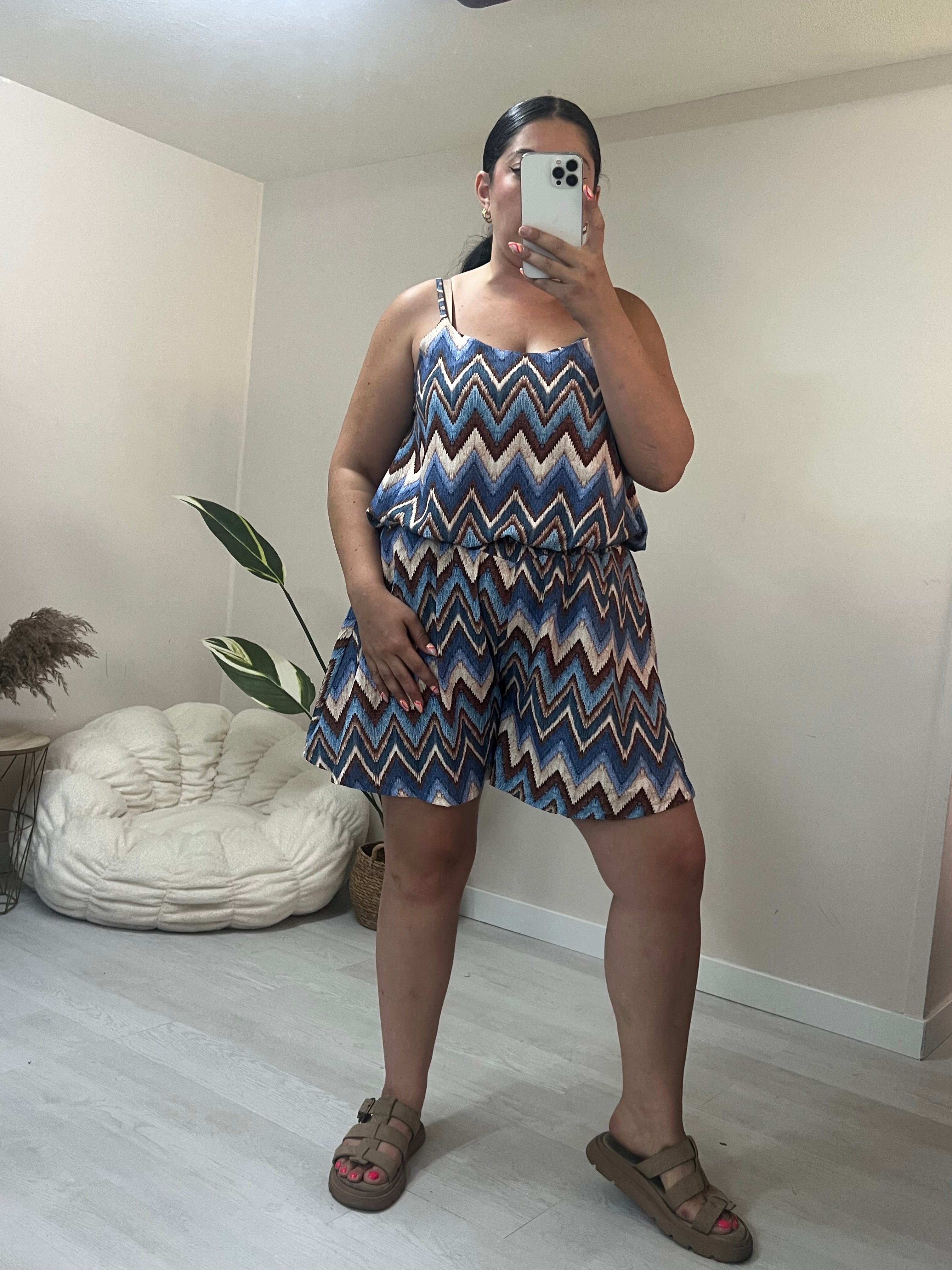 Σετ τιραντέ top & σορτς με λάστιχο - Zig Zag Print (γαλάζιο, πετρόλ, καφέ, μπεζ)
