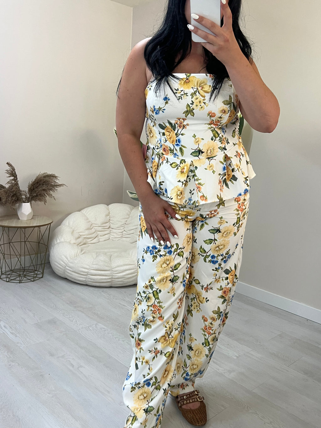 Floral σετ balloon παντελόνι και στράπλες peplum top - Λευκό με κίτρινο