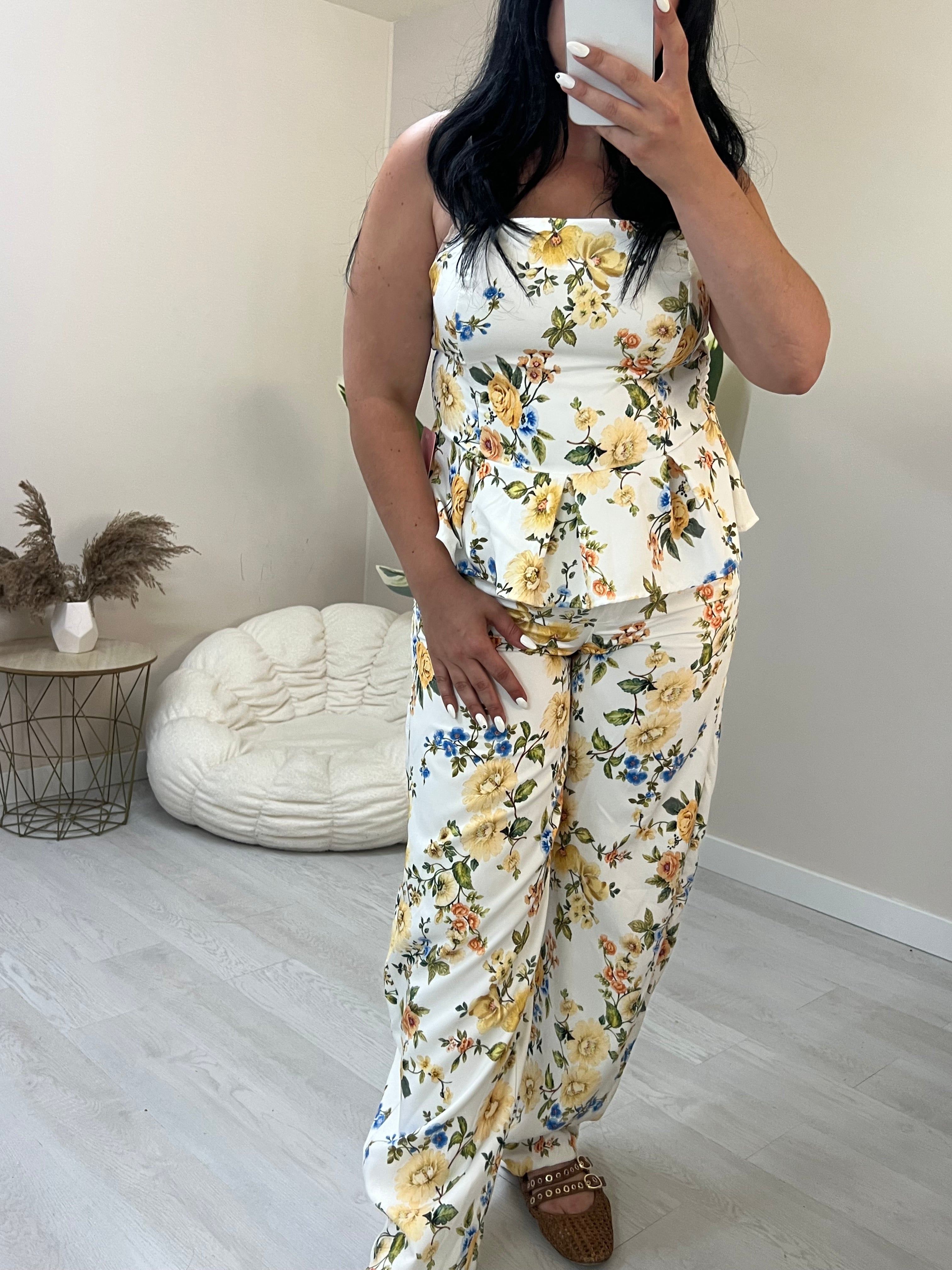 Floral σετ balloon παντελόνι και στράπλες peplum top - Λευκό με κίτρινο