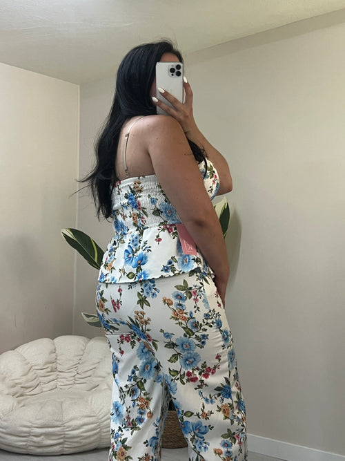 Floral σετ balloon παντελόνι και στράπλες peplum top - Λευκό με γαλάζιο