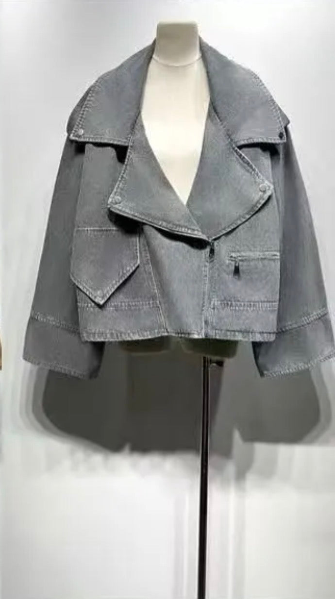 Oversized denim jacket με ασύμμετρο κλείσιμο - Γκρι